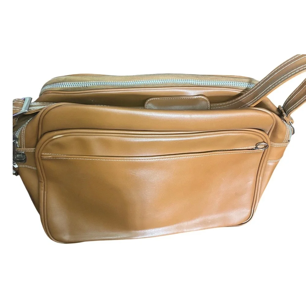 Vintage Tan Faux Leather Travel Bag Set Lot of 3 YKK Zippers Retro Luggage READ